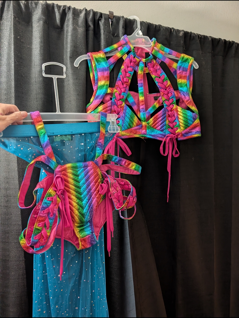 Rainbow Holographic Lace-Up Dance Set with Pink Accents